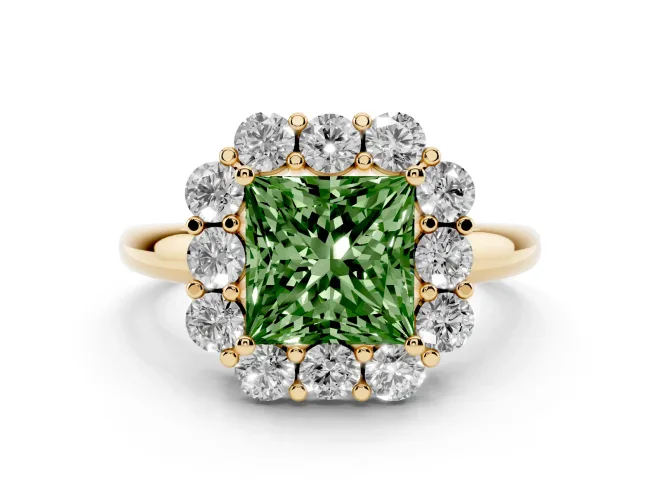 Princess Cut Graduated Milgrain Halo Engagement Ring Setting for a Fancy Green Lab-Grown Diamond | Yellow Gold