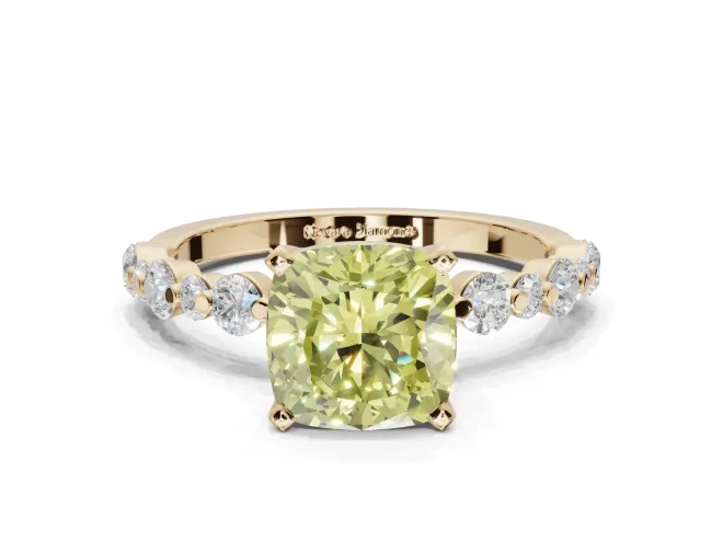 Cushion Cut Pavé Engagement Ring Setting for a Fancy Yellow Lab-Grown Diamond | Alternating Accents | Yellow Gold