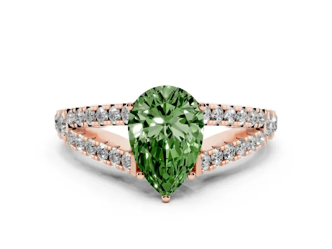 Fancy Green Pear Cut Diamond Split Shank Pavé Engagement Ring Set in Rose gold with Prong-Held Center Stone