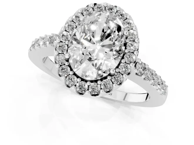Oval Cut Diamond Halo Pavé Solitaire Ring Set in Silver with Prong-Set Center Stone – second view