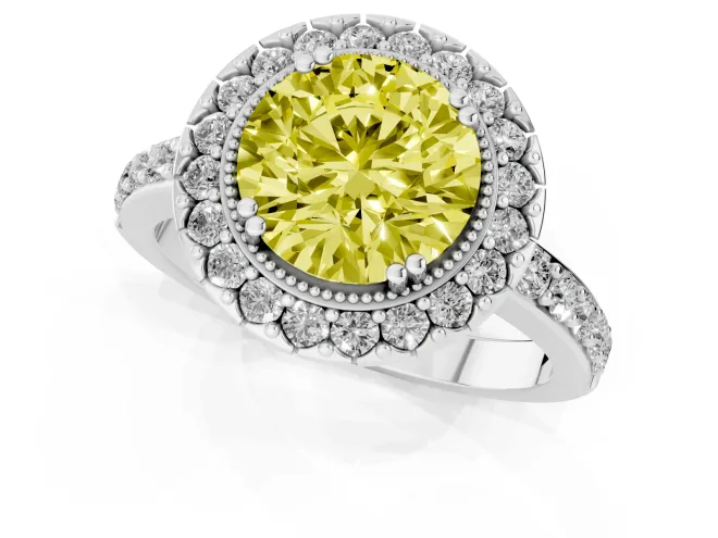 Fancy Yellow Round Cut Diamond Halo Ring Set in Silver with Pavé Shank and Prong Setting – second view