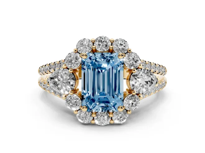 Emerald Cut Scalloped Halo Engagement Ring Setting for a Fancy Blue Lab-Grown Diamond | Pear Side Stones | Yellow Gold
