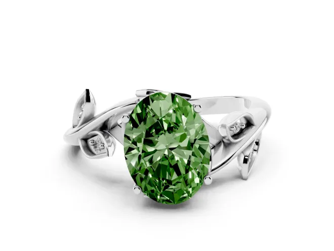 Fancy Green Oval Cut Diamond Solitaire Twist Engagement Ring Set in Silver with Pavé Leaf Accents