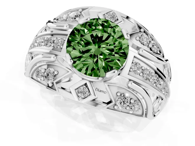 Fancy Green Round Cut Diamond Art Deco Ring Set in Silver with Pavé Split Shank – second view