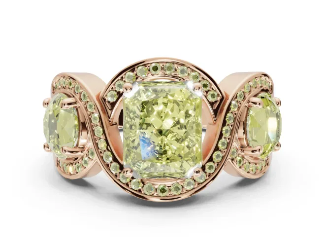 Radiant Cut Three Stone Halo Engagement Ring Setting for a Fancy Yellow Lab-Grown Diamond | Pavé Wave Band | Rose Gold