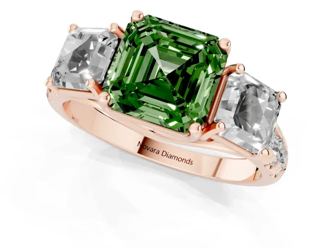 Fancy Green Asscher Cut Diamond Three-Stone Ring Set in Rose gold with Pavé Band – second view