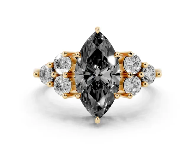 Marquise Cluster Side Stone Engagement Ring Setting for a Black Center | Plain Band | Yellow Gold