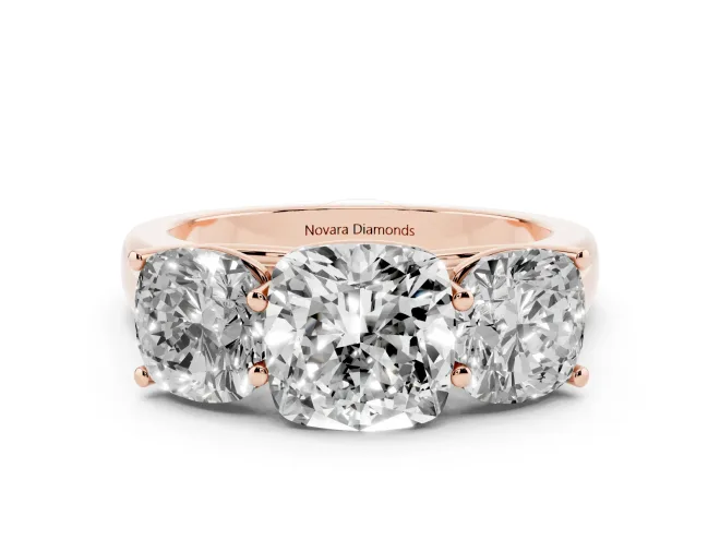 Cushion Cut Three Stone Engagement Ring Setting | Basket Prong Heads | Rose Gold