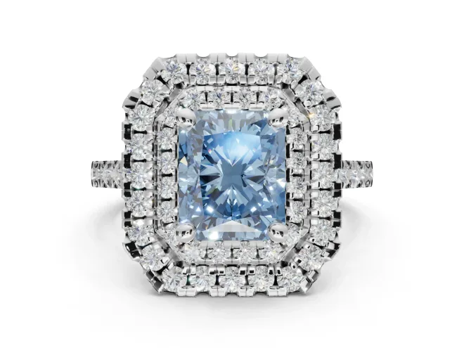 Radiant Cut Double Halo Engagement Ring Setting for a Fancy Blue Lab-Grown Diamond | Pavé Shoulders | White Gold