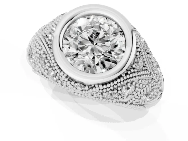 Round Vintage Bezel Engagement Ring Setting | Beaded Paisley Shoulders | White Gold – second view