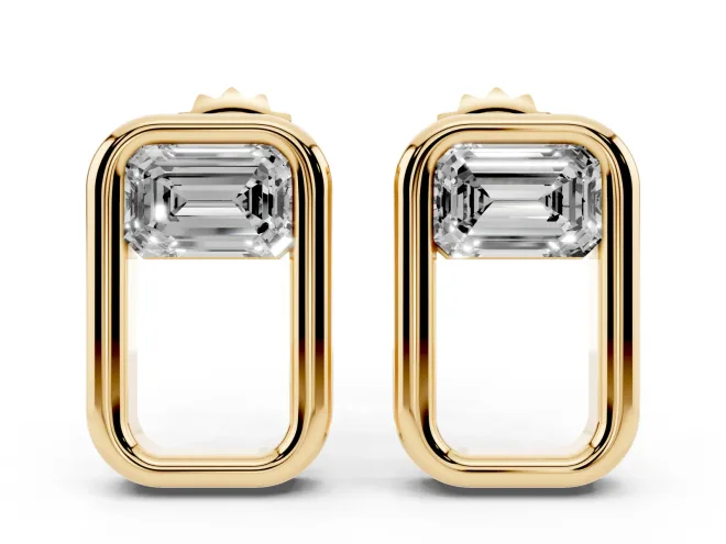 Emerald Cut Lab-Grown Diamond East-West Open Frame Stud Earrings | Polished Frame | Yellow Gold