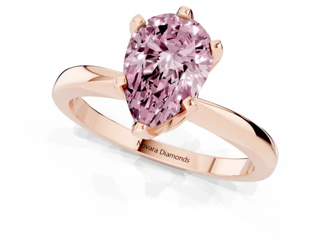 Fancy Pink Pear Cut Diamond Solitaire Engagement Ring Set in Rose gold with Slim Tapered Solitaire Band – second view