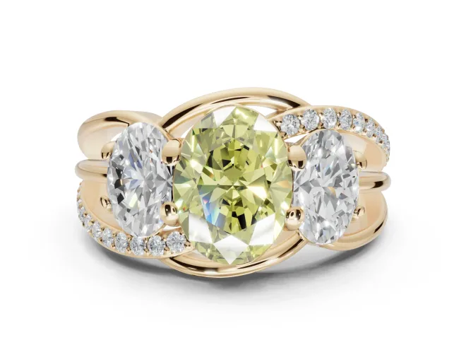 Oval Three Stone Split Shank Engagement Ring Setting for a Fancy Yellow Lab-Grown Diamond | Matching Sides | Yellow Gold