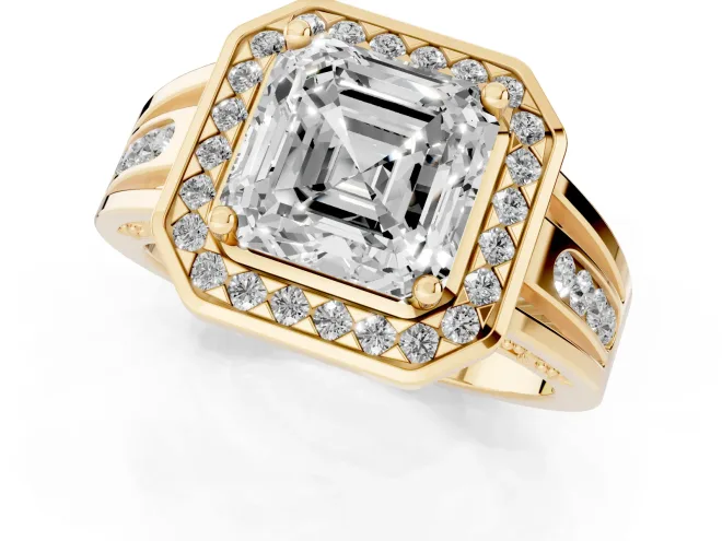 Asscher Cut Diamond Halo Ring Set in Yellow gold with Pavé and Bezel Accent Split Shank – second view