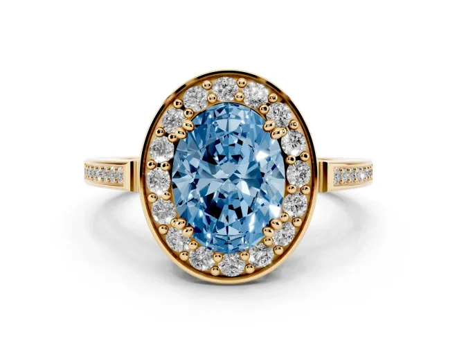 Oval Halo Engagement Ring Setting for a Fancy Blue Lab-Grown Diamond | Polished Halo Rim | Yellow Gold