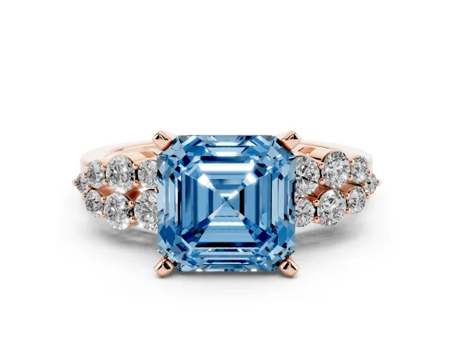 Asscher Cut Side Stone Engagement Ring Setting for a Fancy Blue Lab-Grown Diamond | Shoulder Clusters | Rose Gold