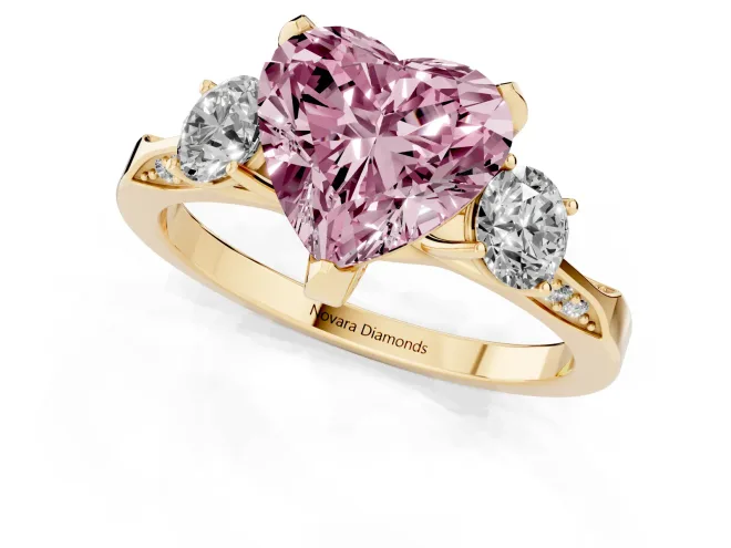 Heart-Shaped Hidden Halo Three Stone Engagement Ring Setting for a Fancy Pink Lab-Grown Diamond | Yellow Gold – second view