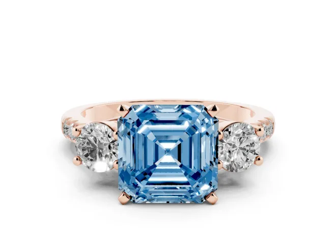 Asscher Cut Three-Stone Engagement Ring Setting for a Fancy Blue Lab-Grown Diamond | Rose Gold