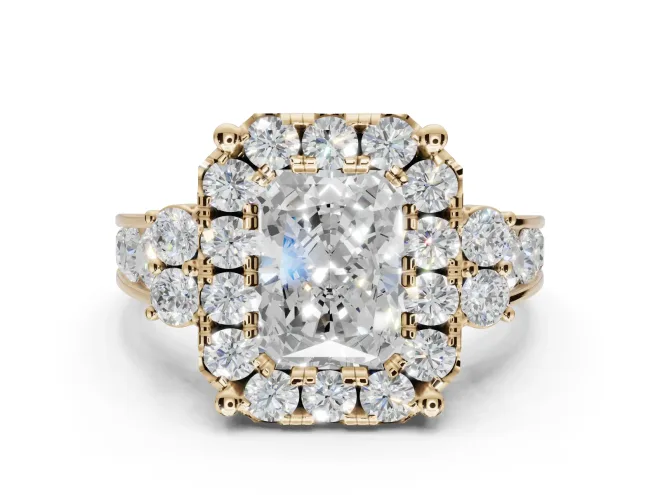 Radiant Cut Halo Side Cluster Engagement Ring Setting | Graduated Channel Band | Yellow Gold