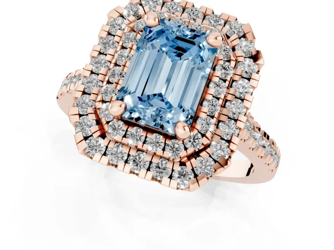 Fancy Blue Emerald Cut Diamond Double Halo Statement Ring Set in Rose gold with Pavé Band – second view
