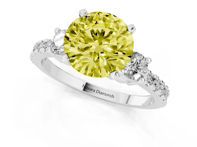 Fancy Yellow Three-Stone Round Cut Diamond Pavé Band Ring Set in White gold with Prong Setting – second view