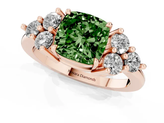 Fancy Green Cushion Cut Diamond Solitaire Ring Set in Rose gold with Cluster Accents on Each Side – second view