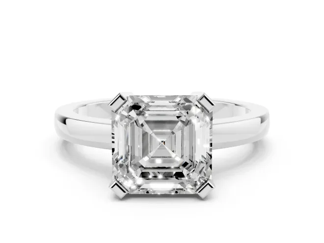 Asscher Cut Diamond Solitaire Ring Set in White gold with Prong Head and Smooth Polished Band