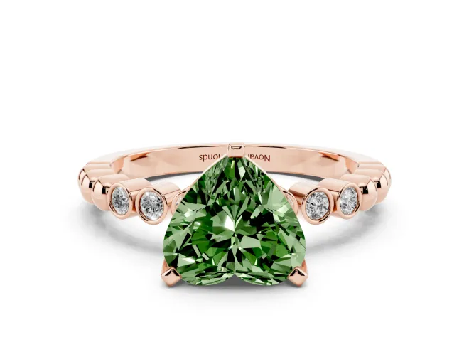 Fancy Green Heart Cut Diamond Solitaire Engagement Ring Set in Rose gold with Bezel Accents on Beaded Band