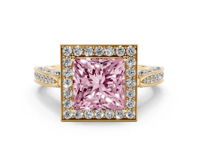 Fancy Pink Princess Cut Diamond Halo Engagement Ring Set in Yellow gold with Accent Split Shank Band