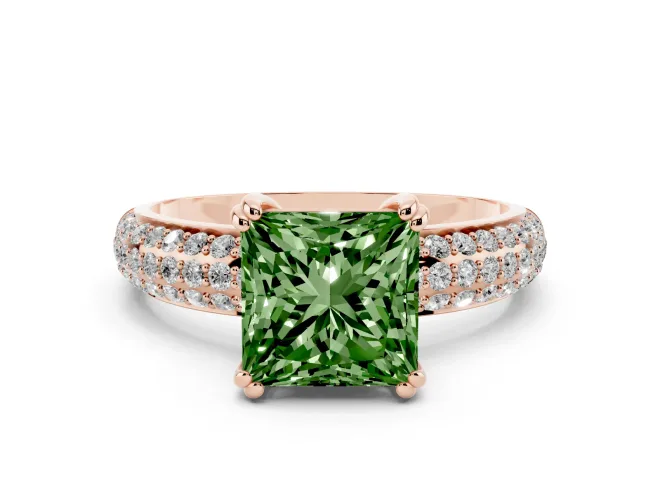 Princess Cut Three Row Pavé Engagement Ring Setting for a Fancy Green Lab-Grown Diamond | Rose Gold