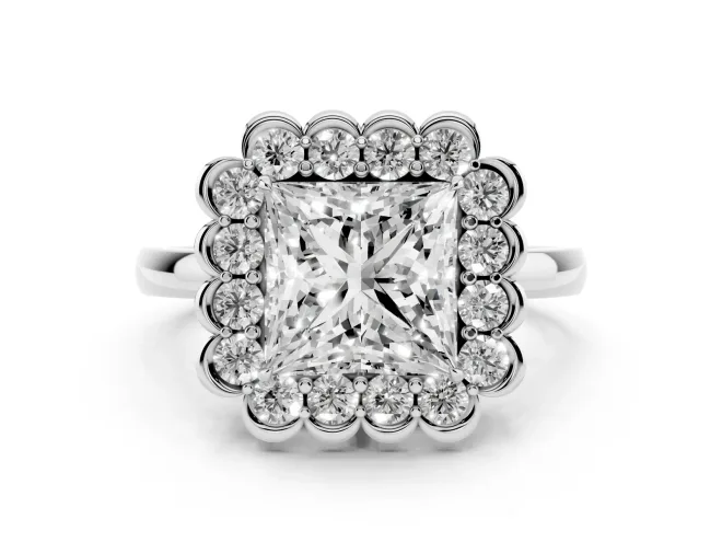 Princess Cut Scalloped Cluster Halo Engagement Ring Setting | Plain Band | White Gold