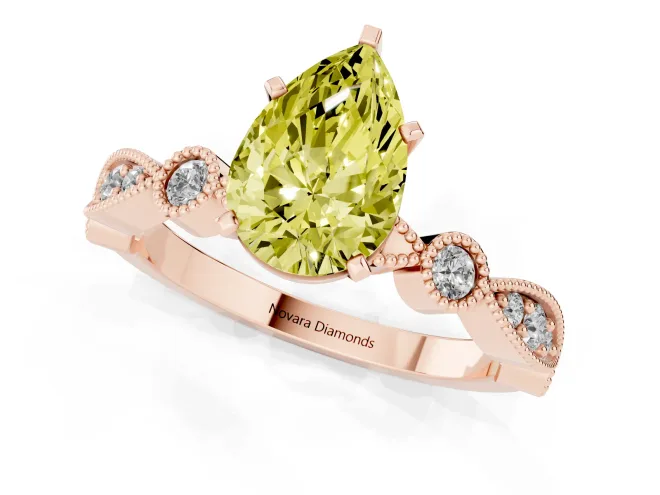 Fancy Yellow Pear Cut Diamond Solitaire Engagement Ring Set in Rose gold with Milgrain Bezel Accent Band – second view