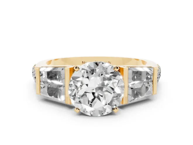 Round Channel Set Baguette Engagement Ring Setting | Paired Baguettes | Yellow Gold