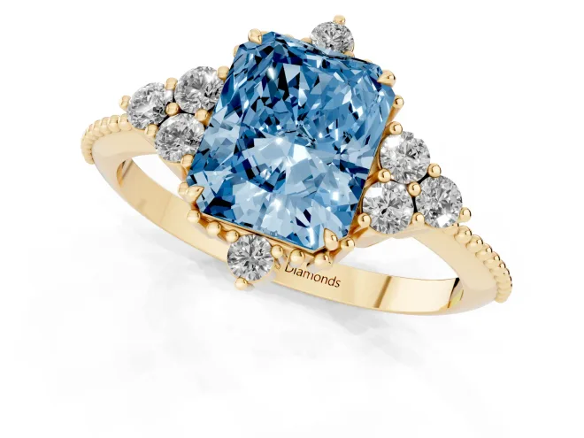 Fancy Blue Radiant Cut Diamond Cluster Ring Set in Yellow gold with Beaded Band – second view