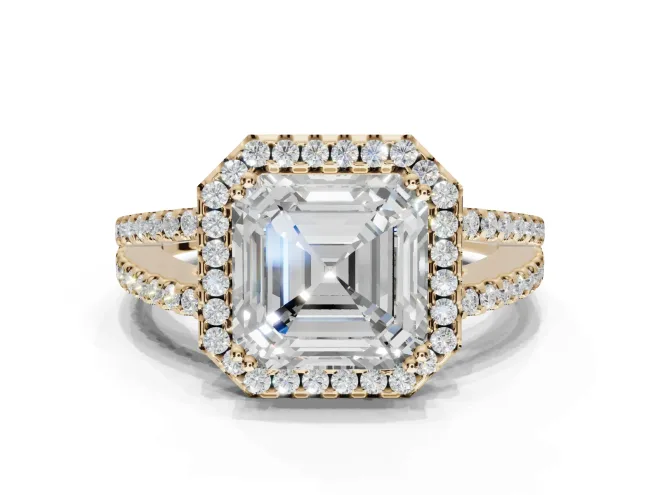 Asscher Cut Halo Split Shank Engagement Ring Setting | Pavé Shoulders | Yellow Gold