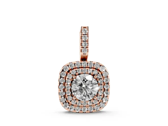Round Lab-Grown Diamond Cushion Double Halo Pendant Necklace | Pavé Bail | Rose Gold