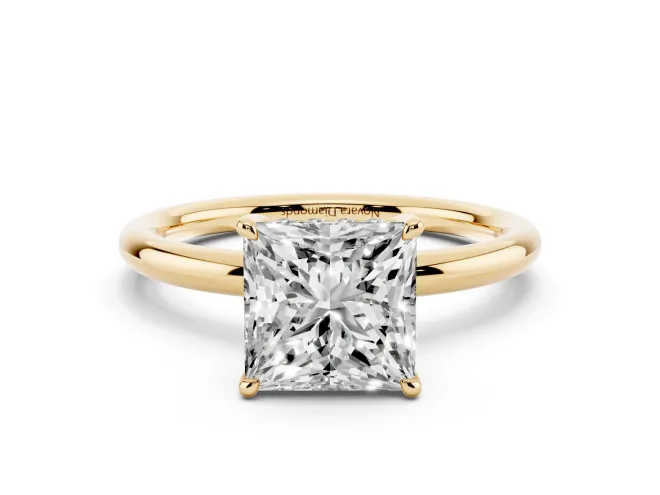 Princess Cut Diamond Solitaire Ring Set in Yellow gold with Thin Band and Prong Setting