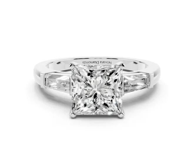 Princess Cut Three Stone Engagement Ring Setting | Tapered Baguettes | White Gold