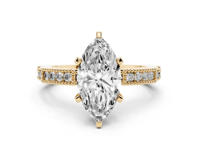 Marquise Vintage Pavé Solitaire Engagement Ring Setting | Milgrain Edges | Yellow Gold