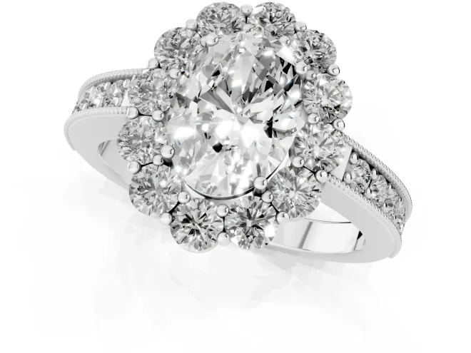 Oval Cut Diamond Halo Pavé Engagement Ring Set in Silver with Milgrain Detailing – second view