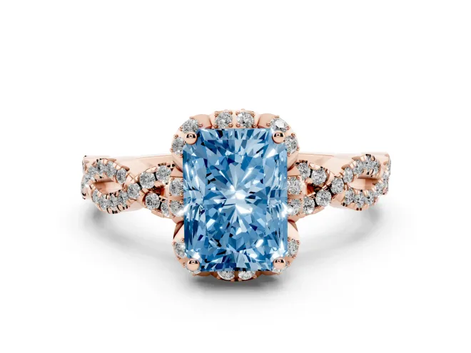 Radiant Cut Milgrain Halo Engagement Ring Setting for a Fancy Blue Lab-Grown Diamond | Graduated Shoulders | Rose Gold