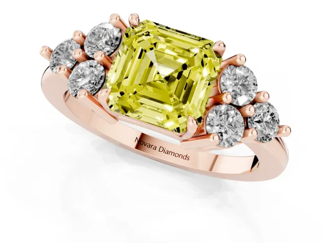 Fancy Yellow Asscher Cut Diamond Solitaire Ring Set in Rose gold with Cluster Accents on Each Side – second view