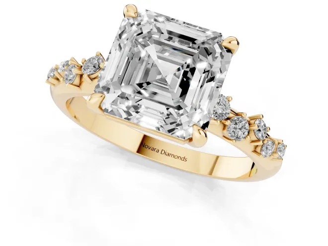 Asscher Cut Diamond Solitaire Vine Band Ring Set in Yellow gold with Round Accents and Prong Setting – second view