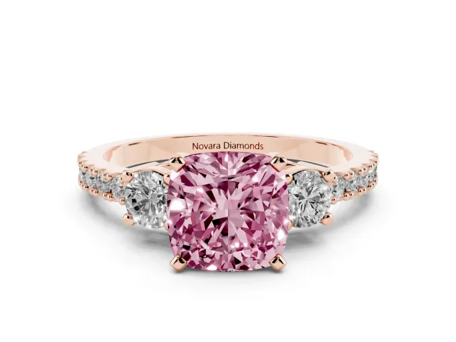 Cushion Cut Three Stone Pavé Engagement Ring Setting for a Fancy Pink Lab-Grown Diamond | Round Side Stones | Rose Gold