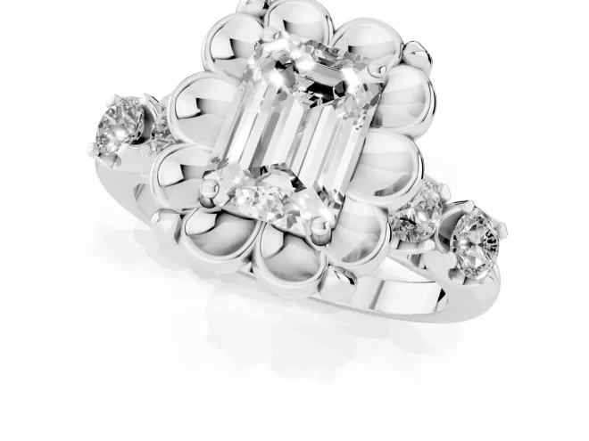 Emerald Cut Diamond Floral Halo Ring Set in White gold with Shared Prong Band – second view