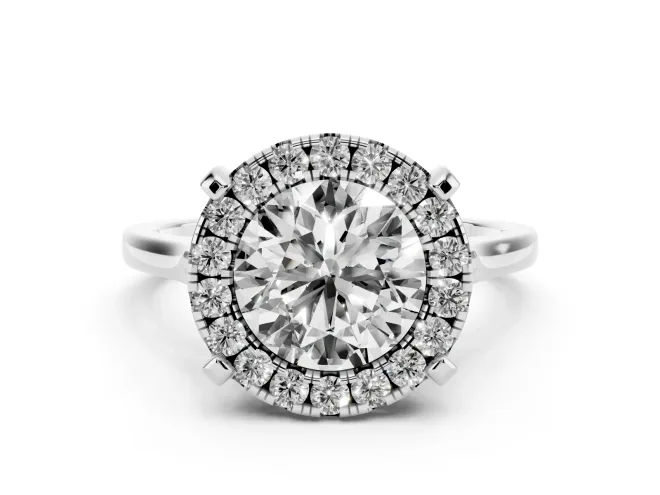 Round Cut Diamond Cluster Halo Solitaire Ring Set in White gold with Prong Setting
