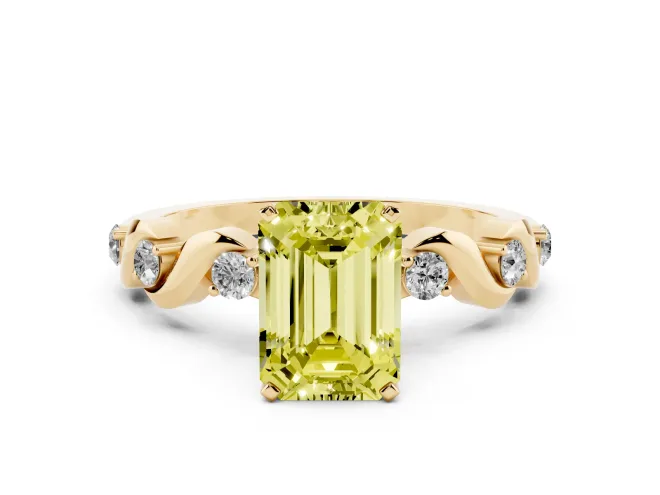 Emerald Cut Ribbon Twist Engagement Ring Setting for a Fancy Yellow Lab-Grown Diamond | Accented Shoulders | Yellow Gold