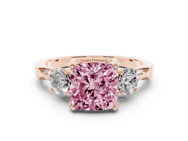 Cushion Cut Hidden Halo Three Stone Engagement Ring Setting for a Fancy Pink Lab-Grown Diamond | Rose Gold