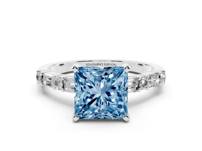 Princess Cut Baguette Side Stone Engagement Ring Setting for a Fancy Blue Lab-Grown Diamond | White Gold