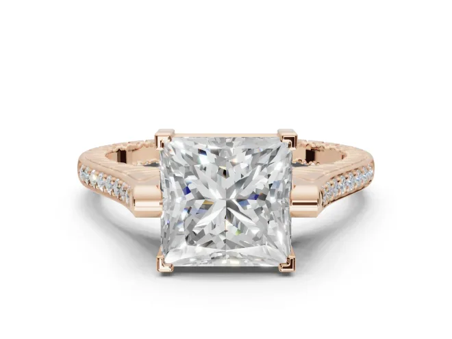 Princess Cut Vintage Cathedral Engagement Ring Setting | Carved Band | Rose Gold